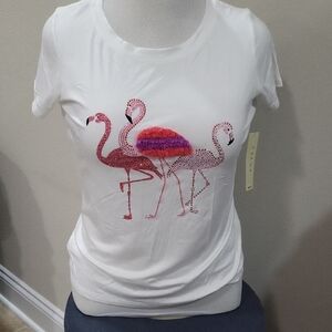 Cyrus White Tee with Pink Flamingo Design